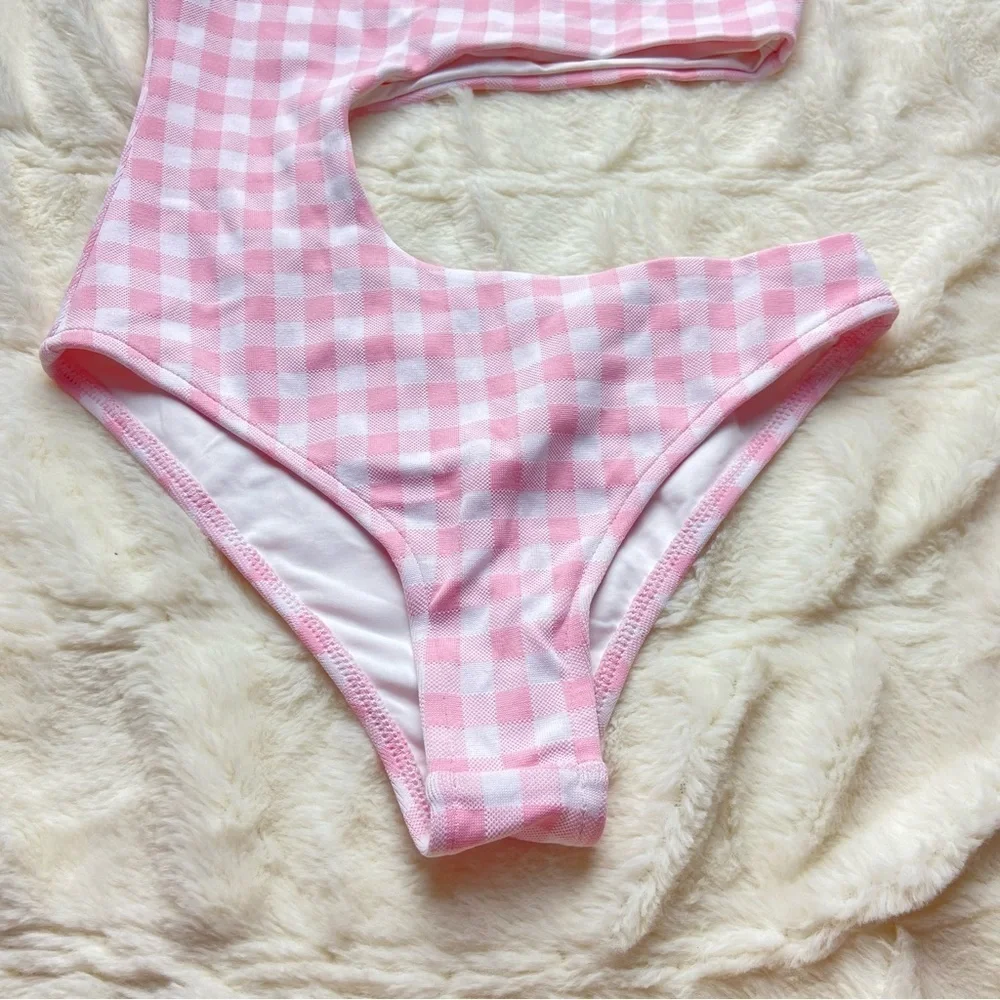 NWOT Frankie’s bikinis cash cutout one piece swimsuit gingham pink 12869